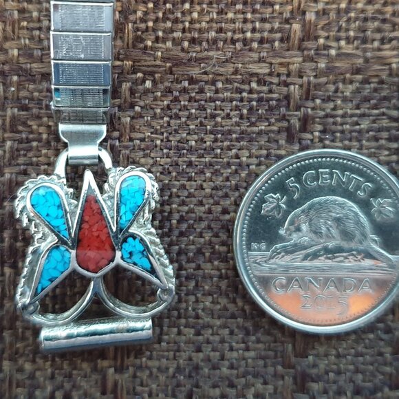 Vintage Native American Inlaid Turquoise & Red Coral Butterfly Silver Watch Band - Picture 4 of 11